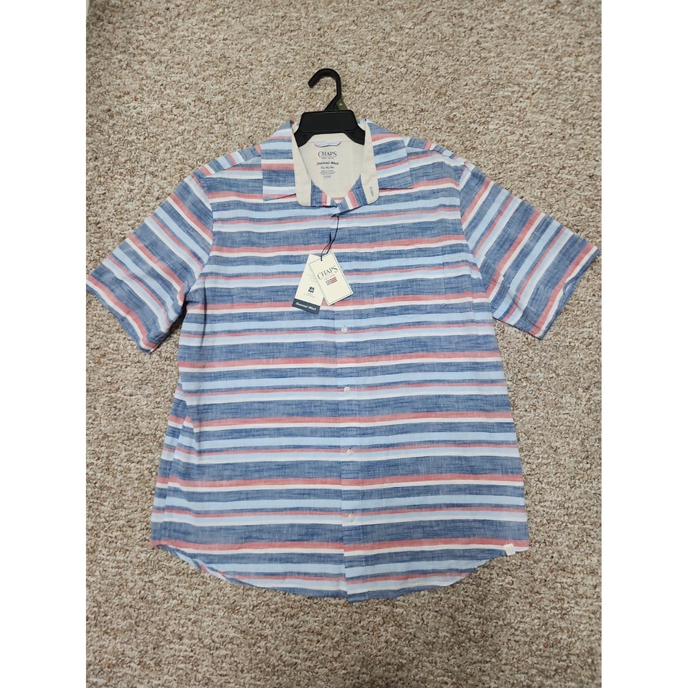 Chaps Seacoast Wash Coastal Linen Blend XL Button-Up NWT Horizon Blue Striped